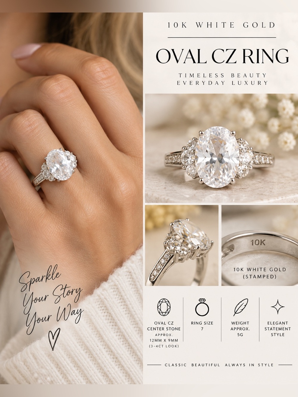 10K White Gold Oval CZ Simulated Diamond Engagement Ring | Size 7
